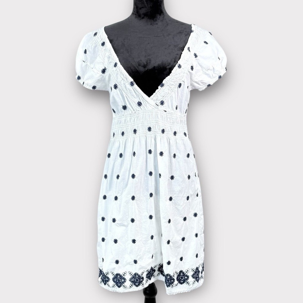 Cute Options Embroidered Cotton Dress Women Medium White‎ Navy Boho Cottagecore